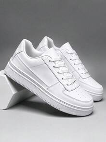 Unisex Thick Sole White Sneakers, Street Style Lace-Up Casual Shoes - White - View 2