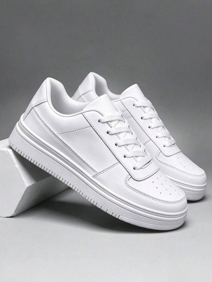 Unisex Thick Sole White Sneakers, Street Style Lace-Up Casual Shoes