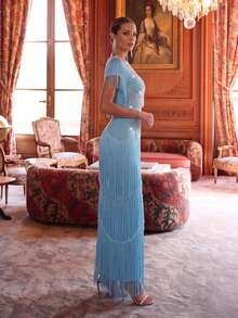 Modphy Light Blue U-Neck Heavy Rhinestone Tassel Evening Gown, Layered Tassel Slim Fit Maxi Dress, Suitable For Party And Stage - Baby Blue - View 6