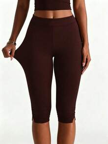 Women's Plus Size Knitted Fabric Bermuda Shorts, Mid-Stretch Design, Slimming Fit For Autumn - Dark Brown - View 3