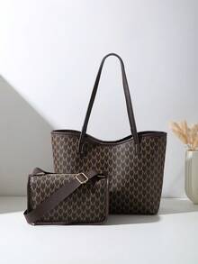 A Casual Women's Tote Bag 3 Pieces Set Made Of PU Material Bag With Quilted Letter Patterns That Blend Personalized And Fashion, Suitable For Daily Use - Coffee - View 5