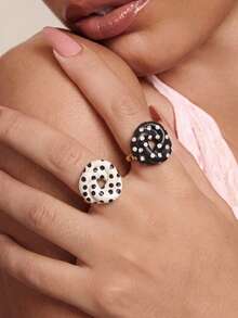 2pcs/Set Fashionable Minimalist Personalized Cute Casual Style Black & White Polka Dot Design Rings, Unisex Couple Style - Black and White - View 2