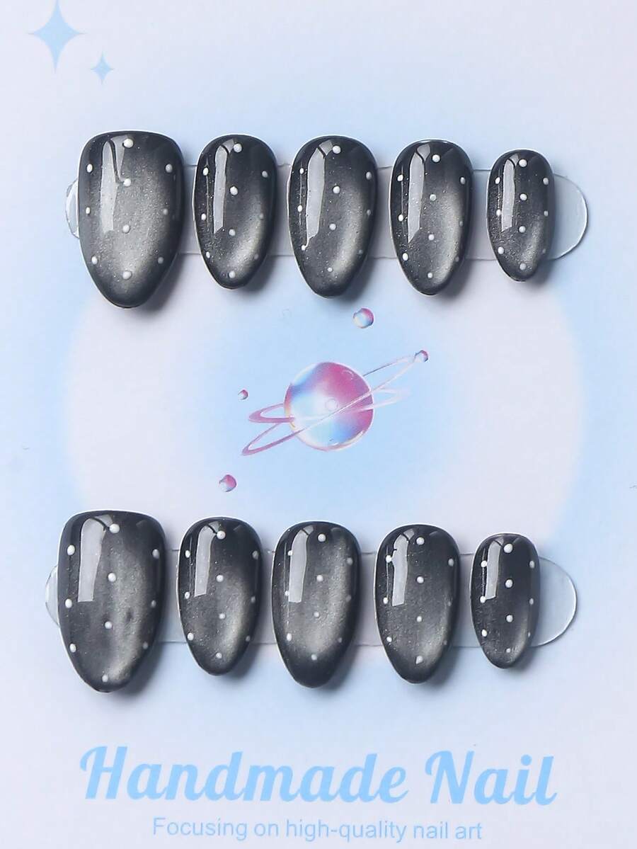 10PCS-Handmade Press On Nails, Short Almond Shape, Fake Nails, Fall Nails,Y2K Style, Sturdy, Reusable, Black, Paired With French Style, 3D Design, Suitable For Autumn,Winter,Daily Wear, Parties, Vacations, And Also The Best Holiday Gift For Women. - Black - View 1