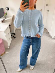Senya Women's Baby Blue Knit Cardigan, Ruffle Trim Button Front Long Sleeve Sweater, Soft Loose Casual Style Autumn/Winter Daily Layering Top - Baby Blue - View 4