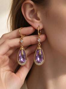 1 Pair Fashionable Personalized Long Elegant Rhinestone Glass Earrings, Suitable For Wedding, Party And Gift - Purple - View 2