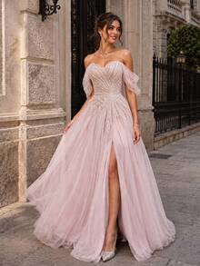 VIPGIRL New Elegant Off Shoulder Mesh Slit Luxury Evening Dress - Pink - View 1