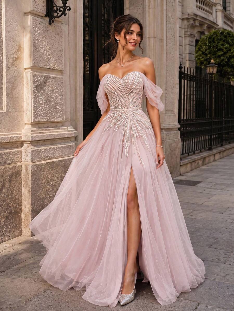 VIPGIRL New Elegant Off Shoulder Mesh Slit Luxury Evening Dress - Pink - View 1