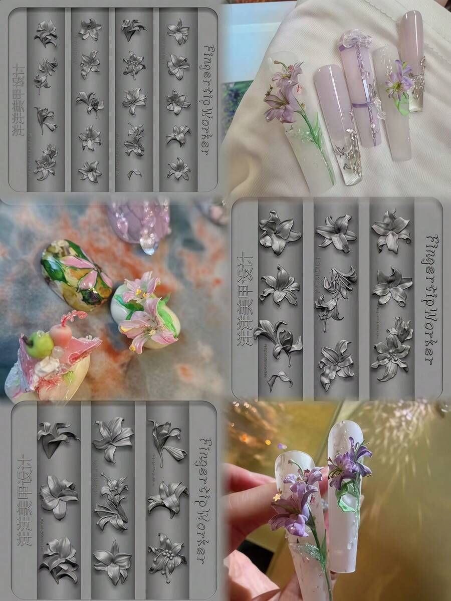 1pc Lily Flower Nail Art Mold, Exquisite Cool Style 3D Carved Silicone Mold For Press-On Nails And Accessories - Clear - View 1