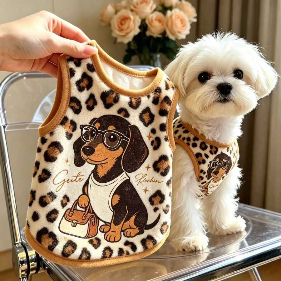 Leopard Print Flannel Small Dog Pet Vest, Thick Warm Sleeveless Puppy Clothes For Autumn/Winter, Soft Flannel Dog Apparel, Suitable For Maltese, Bichon, Teddy, Cold Weather Daily Pet Outfit