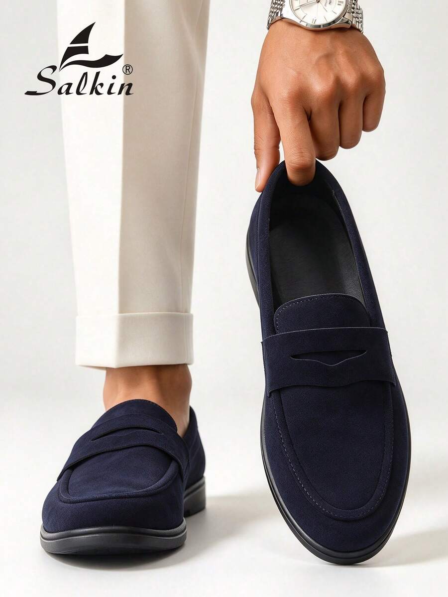 Salkin 經典設計師男士莫卡辛素色麂皮套腳便鞋 軟皮紳士商務社交鞋 男款日常辦公派對休閒鞋 情侶約會浪漫晚餐返校季學生鞋 校園風，請選擇大一號