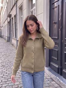 Women's Khaki Quiet Luxury Ribbed Knit Wide Lapel Cardigan, Button Down Sweater, French Minimalist Commute Jacket For Autumn Winter - Khaki - View 3