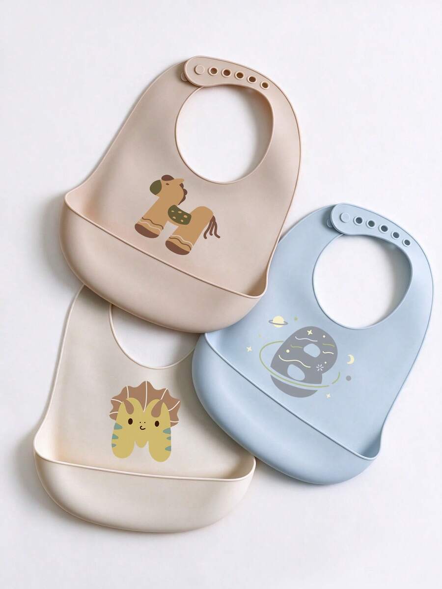 1pc/2pcs/3pcs Silicone Bib, Comfortable Adjustable Easy To Clean, 26 Alphabet Print Cute Baby Bib, Cartoon Design, Suitable For All Seasons, Baby Feeding Spill-Proof Bib - Multicolor - View 1