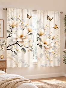 2pcs Vintage Magnolia Butterfly Pattern Printed Curtains, Single-Sided Printing, Semi-Sheer - Rod Pocket Curtains, Bedroom Living Room Kitchen Decor, Multiple Sizes Available, Privacy Protection, Machine Washable, Fade-Resistant Curtains (Rod Not Included) - A - View 2