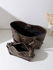 A Casual Women's Tote Bag 3 Pieces Set Made Of PU Material Bag With Quilted Letter Patterns That Blend Personalized And Fashion, Suitable For Daily Use - Coffee - View 6