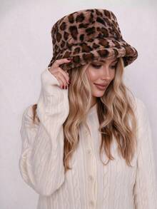 1pc Women's Leopard Print Plush Bucket Hat, Warm And Versatile For Autumn/Winter, Adjustable Crown, Suitable For Daily Wear - Multicolor - View 2