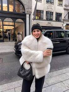 Women's Winter Solid Color Faux Fur Coat, Large Lapel Open Front Loose Thickened Plush Jacket - White - View 7