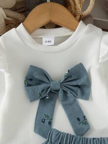 2pcs Set Baju Bayi Perempuan Gaya Mori Lucu Gaya Akademi dengan Atasan Lengan Bergelombang Pita 3D & Rok Bermotif, Tipis untuk Musim Semi/Musim Gugur - Dusty Blue - View 4