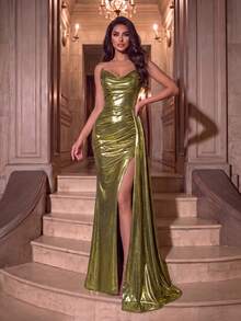Gaun Maxi Tanpa Tali dengan Detail Kerut dan Belahan Tinggi, Bertekstur Metalik Emas Elegan, Cocok untuk Pesta Malam, Pesta Dansa, dan Kencan Malam - Emas - View 4