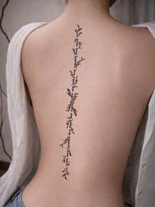 1 Shett Black Botanical Temporary Tattoo Stickers, Long Vertical Vine & Leaf Designs With Script Lettering, Fine Line Floral Spine Back Tattoo Decals For Women, Minimalist Boho Nature Body Art For Festivals, Parties & Everyday Wear - Black - View 4