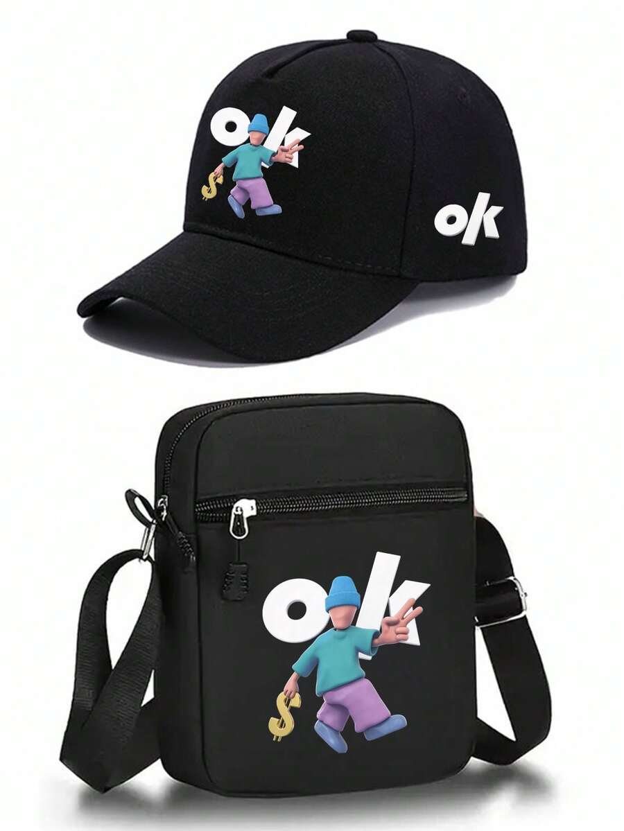 1件/2件裝 OK字母卡通嘻哈人像圖案印花棒球帽與斜挎包套裝，街頭時尚戶外運動男女款彎帽簷棒球帽與單肩包，可調節，適合禮物與日常出行 - 彩色 - 查看 1