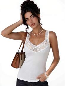 1pc Floral Lace V Neck Ribbed Tank Top For Women, Wide Strap Slim Fit Cami Top, Stretch Sleeveless Vintage Style Basic For Layering - White - View 5