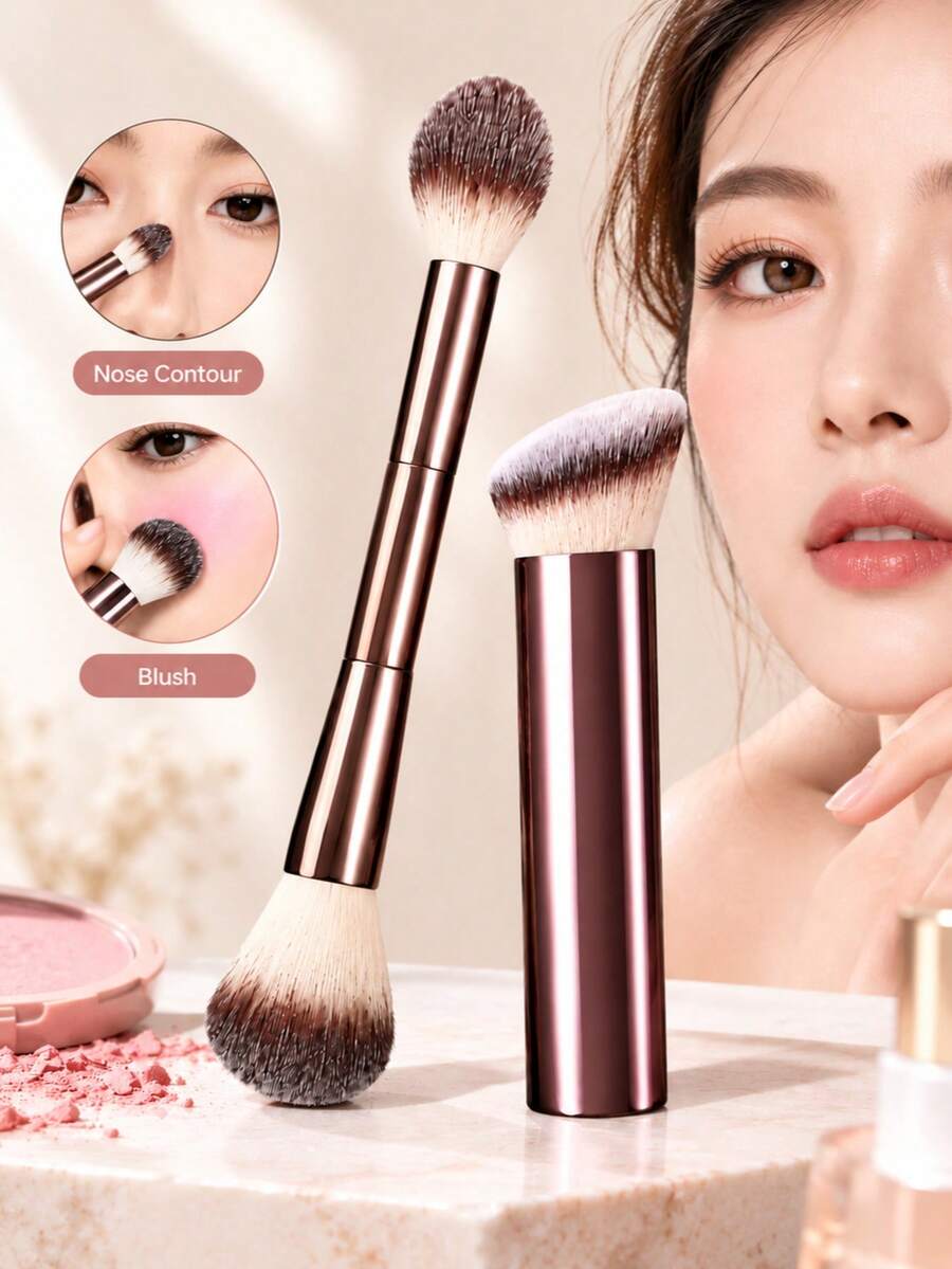 1pc Dual-Ended Blush & Highlighter Makeup Brush, Fluffy Soft Synthetic Bristle Contour Powder Face Brush, Angled Foundation Brush, Blush Brush, Multi-Functional Portable Face Makeup Tool - Multicolor - View 1