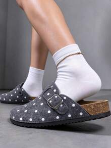 Polka Dot Closed-Toe Mule Slippers, Slouchy Backless Slippers, Easy Slip-On, Soft Cork Insole, Arch-Fitting, Clogs, Fashionable Indoor/Outdoor Closed-Toe Mule Shoes - Grey - View 3