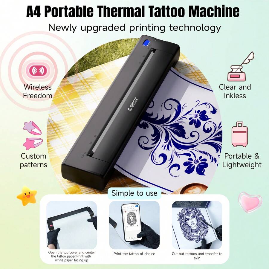Máy in stencil xăm Orico A4, máy in nhiệt cầm tay không dây mới 2026 - công nghệ in nâng cấp, thiết kế riêng cho nghệ sĩ xăm, độ phân giải cao và truyền dữ liệu nhanh. Bao gồm một tờ in thử.