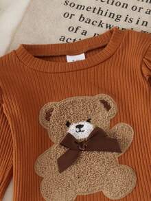 2pcs Baby Girl Cute Bear Embroidery Pattern Preppy Style Ribbed Long Sleeve Top & Plaid Brushed Skirt & Socks Set, Thin For Spring/Autumn - Khaki - View 4