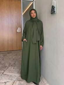 1件女款簡約日常祈禱頭巾 (Abaya) - 軍綠色 - 查看 6