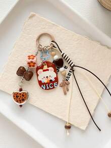 1pc Caramel Brown Bear Keychain, Vintage Leopard Print Heart Bow Beaded Pendant, Style Bag Charm - Multicolor - View 2