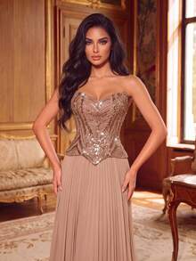 Gaun Formal Maxi Lipit Berpayet Tanpa Tali untuk Wanita, Detail Manik-Manik Elegan, Cocok untuk Prom atau Acara Spesial - Sampanye - View 10