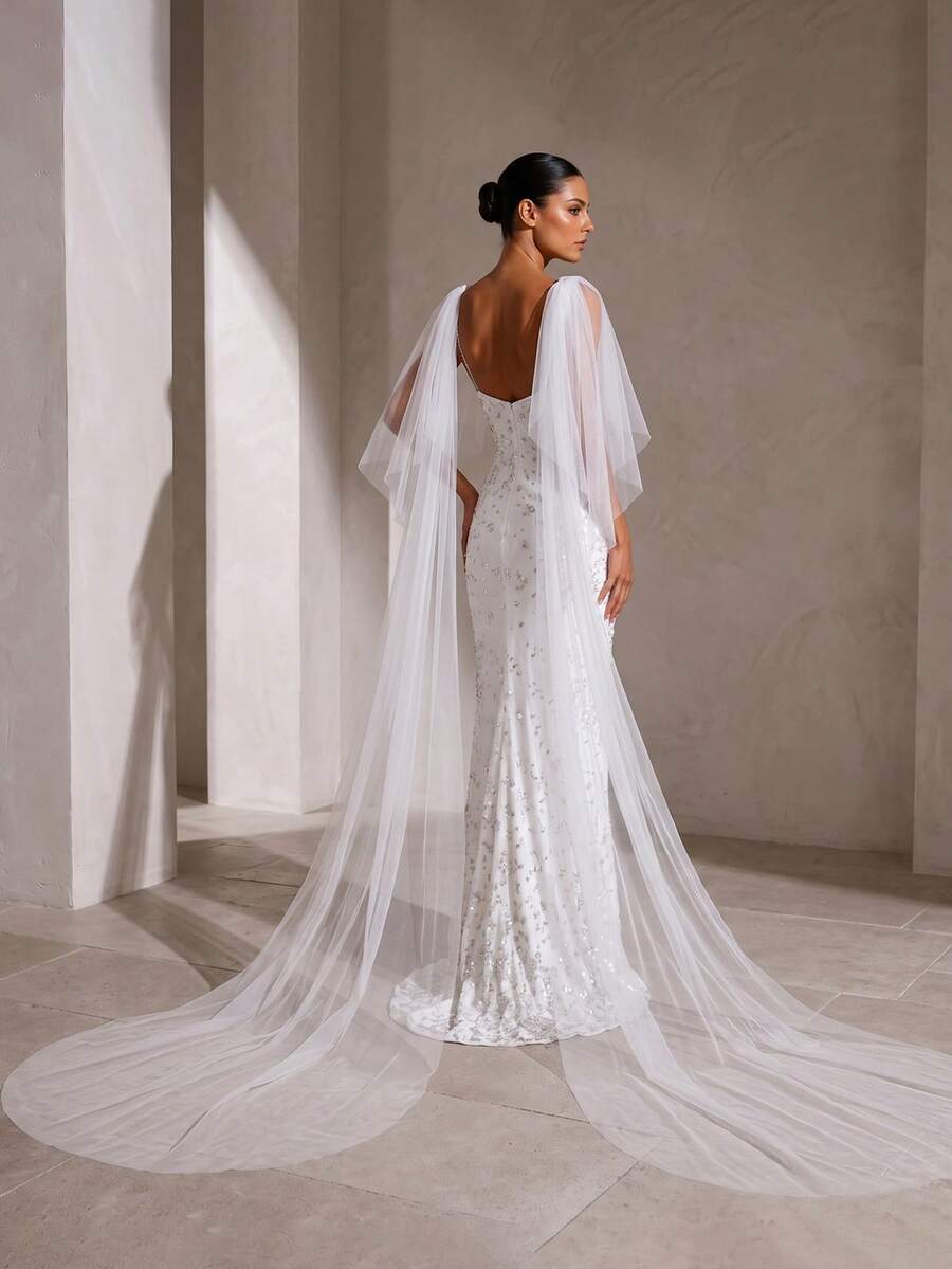 1 Pair Long Cathedral Style Tulle Bridal Shoulder Cape, Pin-Fixed Flowing Shoulder Wrap, Outdoor Wedding Photo Evening Dress Accessory