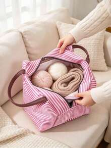 Printed Yarn, Scissors & Knitting Needle Tote Bag For Storing Sewing Tools, Makeup, And Small Personal Items. Multiple Fresh Striped Colorways, Suitable For Handicraft Enthusiasts And Commuting. Mini Portable Sewing Kit Tool Set, Artistic Handmade Healing Style, Perfect Practical Creative Gift For Girls Who Love Knitting And Sewing - Multicolor - View 7