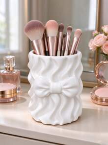 Cute Bow Satin Makeup Brush Holder, Pleated Silky Cosmetic Storage Cup, Decorative Desktop Storage Container Suitable For Vanity, Girls Makeup Accessories - Multicolor - View 8