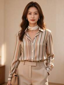 YUXIN Vintage Contrast Vertical Striped Button-Up Shirt, Women's Loose Stand Collar Top, Fashionable & Elegant Apparel For All Seasons Spring - Green - View 2