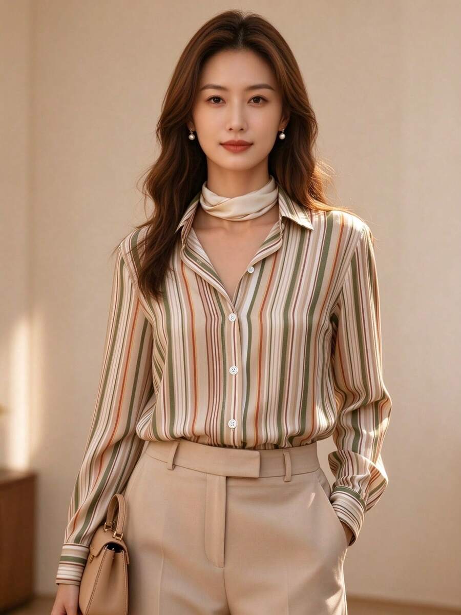 YUXIN Vintage Contrast Vertical Striped Button-Up Shirt, Women's Loose Stand Collar Top, Fashionable & Elegant Apparel For All Seasons Spring
