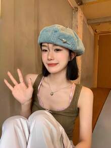 1PC Washed Denim Beret, Women's Street Style Versatile Octagonal Hat, Face-Slimming Painter Hat, Heart-Shaped Newsboy Cap, Women's Hat - Beret - View 4