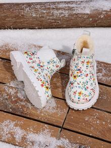 1 Pair New Children's Thermal Lined Floral Ankle Boots, Side Zipper Design Easy To Put On And Take Off, Thick Sole Anti-Slip Warm Soft Bottom Boots For Infants - White - View 3