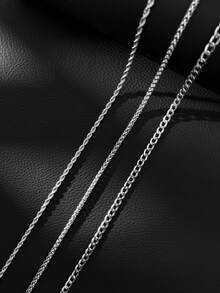3PCS Layered Cuban Link Rope Chain & Wheat Chain Necklace Set For Men Stainless Steel Silver Tone Stacked Necklaces Hip Hop Streetwear Jewelry Gift - Silver - View 3