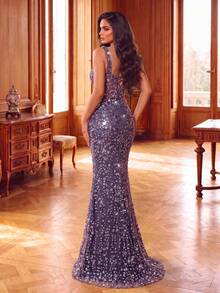 Women's Elegant Long Sequin Mermaid Formal Gown, Sleeveless Spaghetti Straps, Embellished With Pearls And Contrast Mesh Details, Suitable For Prom - Dusty Purple - View 2