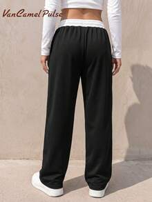 Vancamel Pulse Celana Jogging Wanita Model Colorblock dengan Potongan Lebar, Pinggang Elastis dan Tali Serut, Celana Panjang Kasual Longgar dengan Potongan Lurus - Hitam - View 3