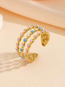 1pc 18K Gold Plated Stainless Steel Round Bead Oil Drop Open Ring, Suitable For Women's Daily Wear - Multicolor - View 5
