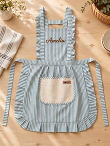 1PC Custom Embroidered Striped Apron With Ruffle Straps And Front Pocket, Personalized Name Kitchen Apron For Cooking Baking, Ideal Holiday Gift For Mom Wife Family Members For Home Daily Use. - Multicolor - View 7