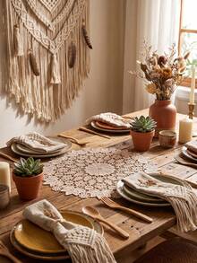 1/2/4/6pcs Ditsy Floral Embroidered Solid Color Round Placemats, Bohemian Style Kitchen Decor, Dining Table Mats, Coasters For Cups/Bowls/Plates, Non-Slip, Suitable For Holidays, Parties, Birthdays, Weddings, Dinners, Offices, Coffee Tables, Home Decor, All Seasons - Champagne - View 10