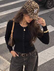 Women Fall Winter Black Ribbed Knit Cardigan, Crew Neck Button Front Long Sleeve Sweater, Cozy Casual Layering Top, Vacation Back To School Outfit - Black - View 1