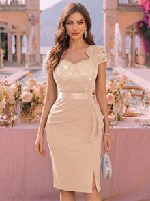 MIUSOL Sequin Lace Sweetheart Neck Ruffle Hem Cocktail Party Bodycon Dress Wedding Spring Fall - Champagne - View 2
