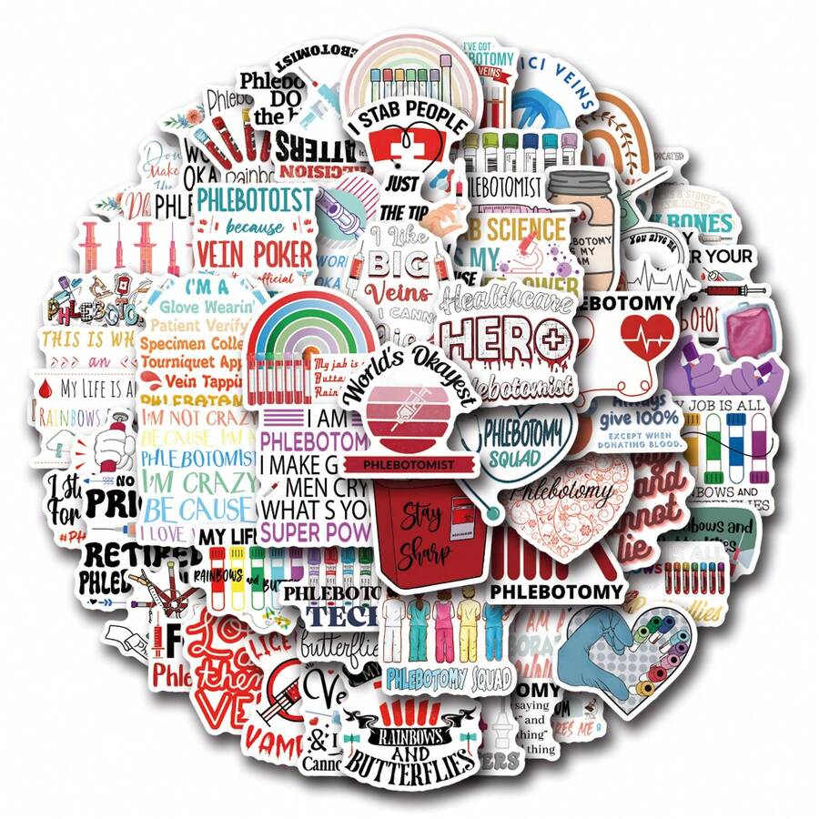 60 PCS Phlebotomy Stickers, A Set Of Vibrant And Colorful Beautiful Stickers, Suitable For All Kinds Of Holidays, Party, Laptops, Tablet, Skateboards, Journals, Scrapbooks, Water Bottles Stickers - one-size - View 1