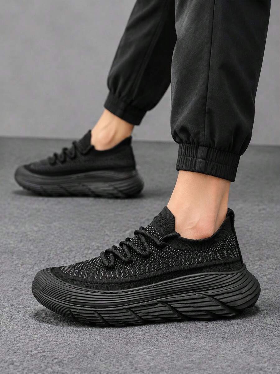 Tenis para hombre de malla knit con cordones y suela gruesa, tenis casuales antideslizantes, calzado deportivo versátil para diario
