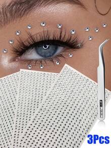 3Pcs/4Pcs/7Pcs Shiny White Diamond Rhinestone Face Decoration Sticker Set With Tweezers, Suitable For Rave Accessories, Y2K, Christmas Makeup, Party, Photography, Evening Party Atmosphere Styling,Eye Fair Decor - White - View 9